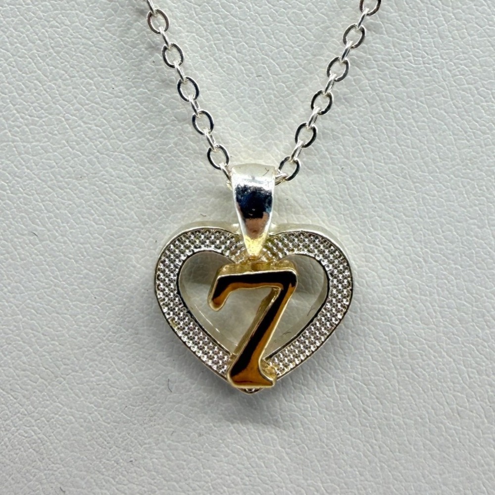 Silver Tone Heart Number 7 Pendant Necklace Lucky Charm Gift For Her Trendy